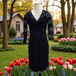 Marina Black Lace Midi Dress Sequin Cocktail Party Formal‎ Wedding Size 10